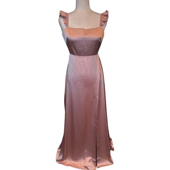 NWTs Dessy Collectiom SOCIAL Ruffle Sleeve Tie Back Satin Gown Size 2 - Picture 1 of 9